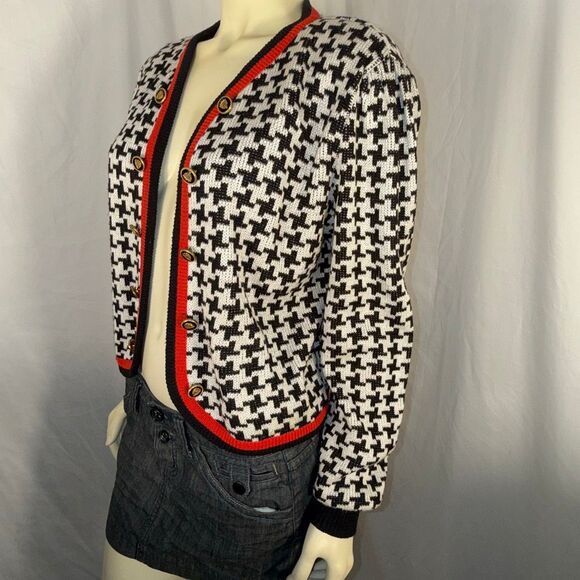 Vintage Leslie Fay Collections Women’s 14 Houndstooth Cardigan Black White Red T - Picture 2 of 15